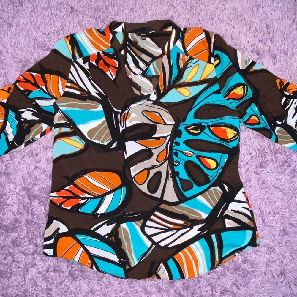 M Milano Brown Abstract Boho Half 3/4th Sleeve V Neck Work Career Blouse Top - Picture 7 of 12
